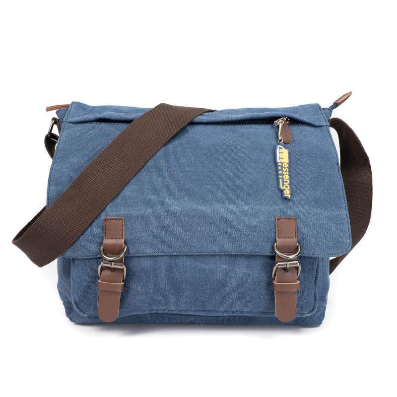 Blue canvas messenger bag hot sale